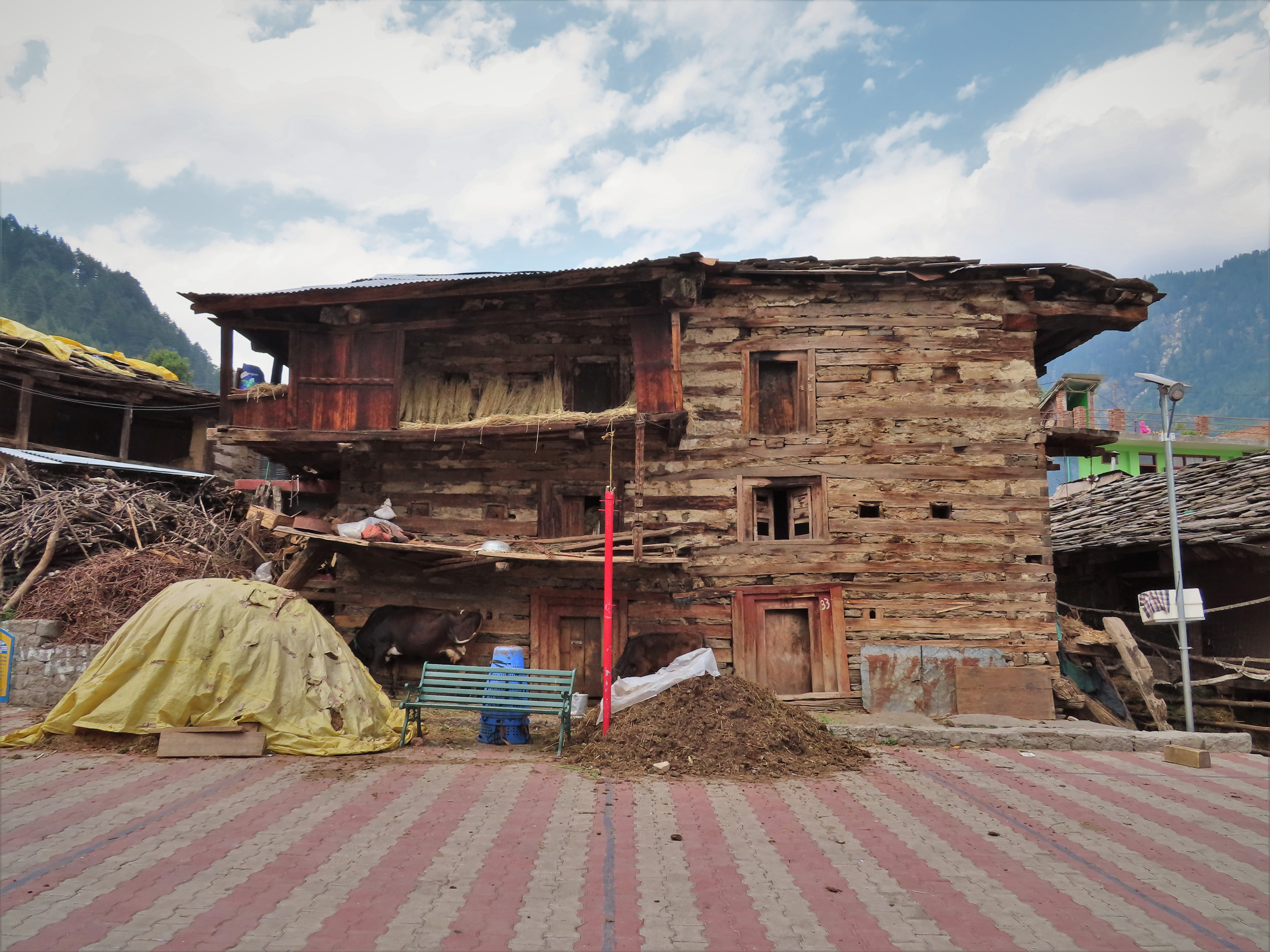 Traditional stone and wooden house in Old Manali, India.
