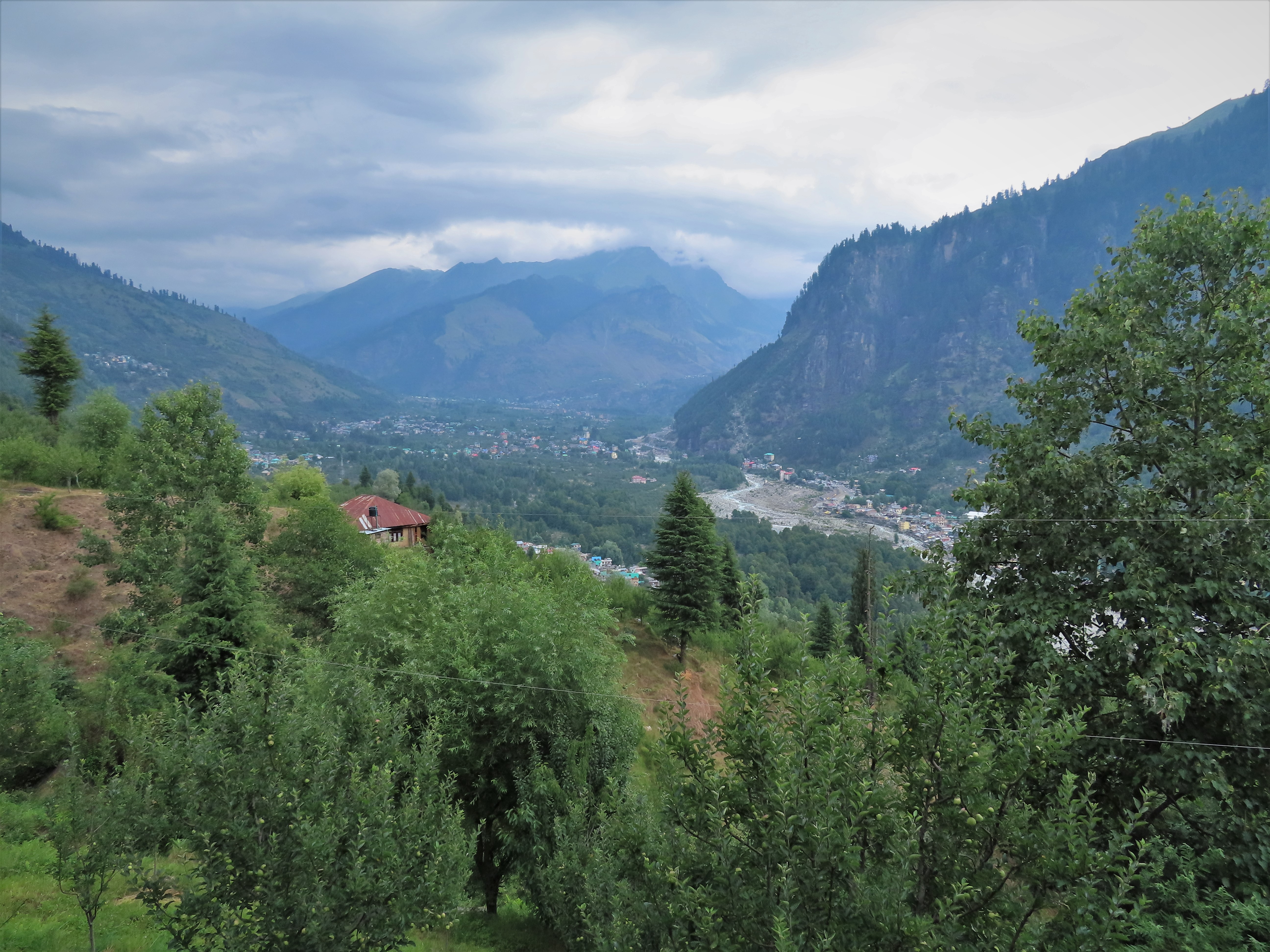 View on the Beas valley from a mountainside near Manali, India.